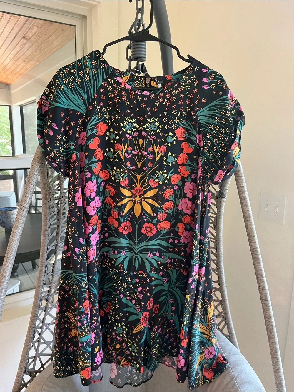 Free People Black Floral Short Sleeve Shift Dress with Pink & Yellow Accents